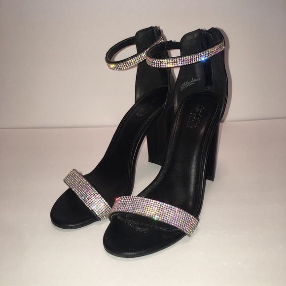 black rhinestone block heels